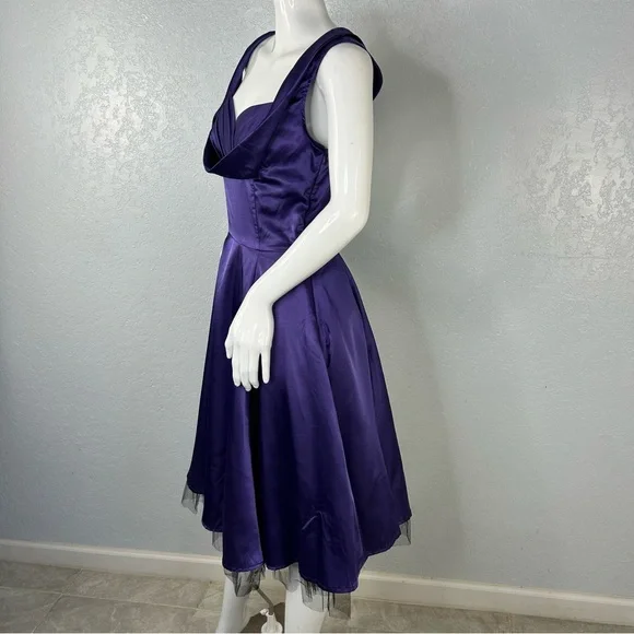 H & R London Purple Satin Retro Pin Up Style Fit Flare Tea Length Dress US 6 - Picture 4 of 15